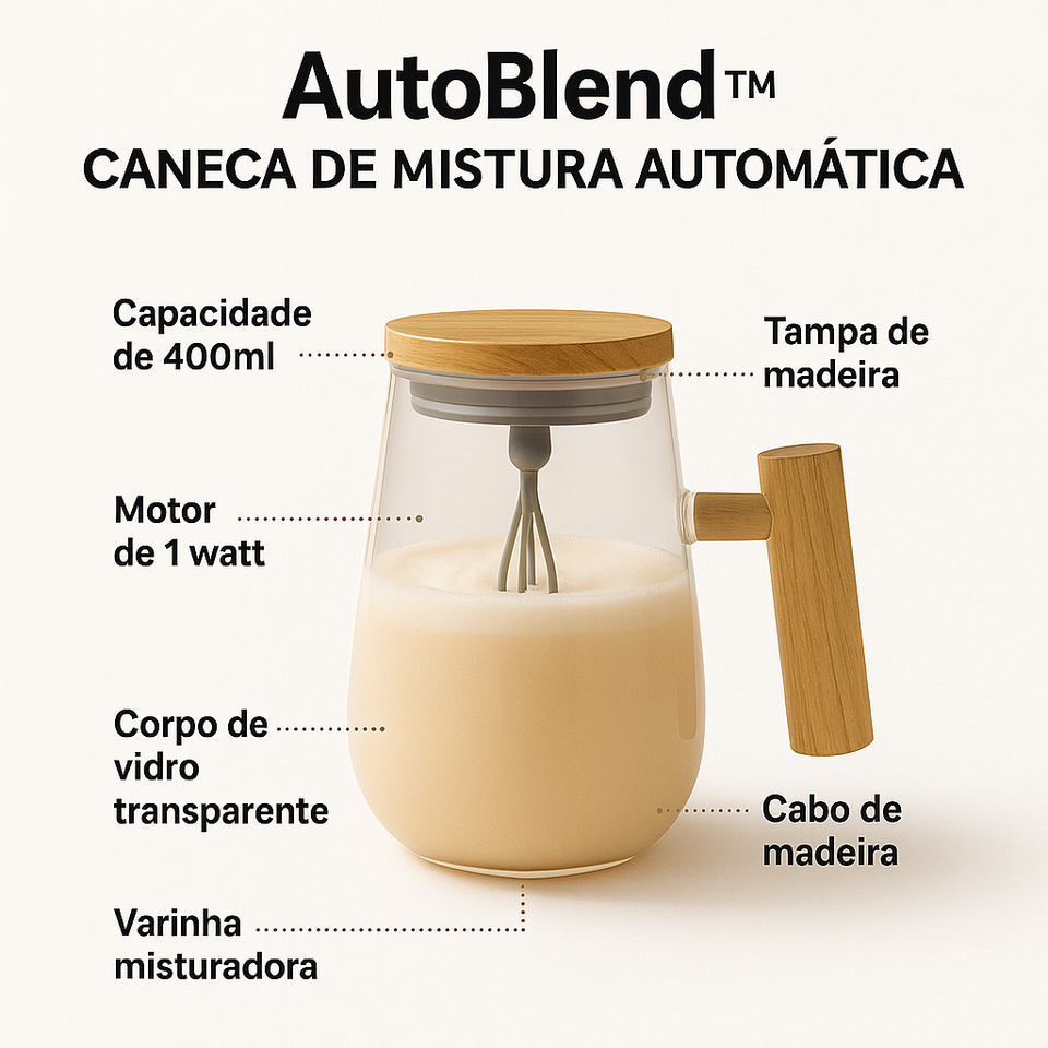 AutoBlend™ – A caneca que mistura sozinha. Zero grumos. Zero esforço.